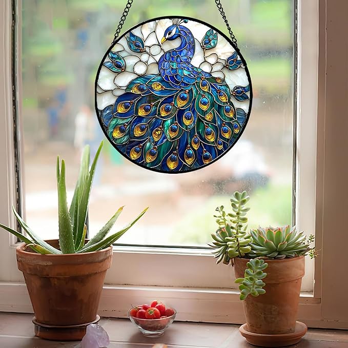 Stained Glass Window Hanging - Peacock Blue Gold Feathers Sun Catcher for Door Garden Home Decor Bird Suncatcher Christmas Mother's Day Birthday Gifts for Women Men Mom Nana 7.8 in