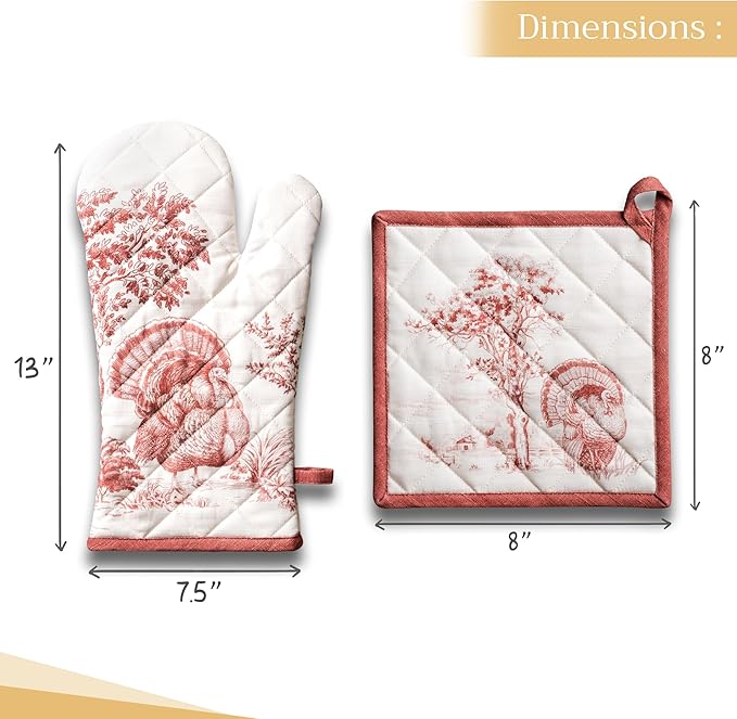 Maison d' Hermine 100% Cotton Oven Mitt & Pot Holder Set (7.5"x13" & 8"x8") Heat Resistant BBQ Cooking Gloves with Loop for Thanksgiving Christmas Decorations Handling Hot Pans (Holy Jouy - Red)