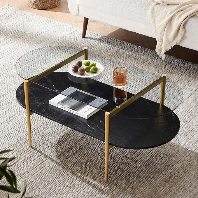 Oval Glass Coffee Table, Mid-Century Modern Design, L41 x W21 x H17 inch, for Living Room, Grey Glass Top, Black Marble Finish Wood Shelf & Gold Finish Frame