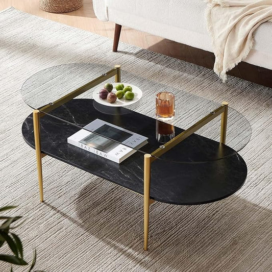 Oval Glass Coffee Table, Mid-Century Modern Design, L41 x W21 x H17 inch, for Living Room, Grey Glass Top, Black Marble Finish Wood Shelf & Gold Finish Frame