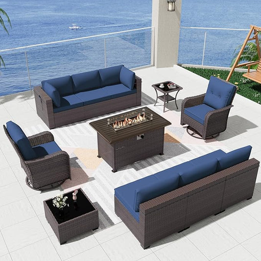 Kurapika 11 Pieces Patio Furniture Set, Rattan Wicker Outdoor Conversation Sets w/43in Propane Fire Pit Table, Swivel Rocking Chairs Patio Sectional Sofa w/4" Cushion, Navy Blue
