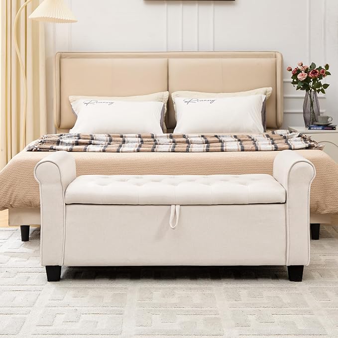 End of Bed Storage Bench for Bedroom, 49" Upholstered Storage Ottoman with Rolled Arms, Rivet Polyester Fabric Ottoman Bench for Bedroom, Living Room, Window, Entryway, Beige