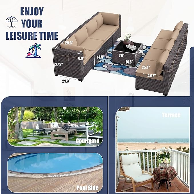 Kurapika 9 Pieces Patio Furniture Set, Rattan Wicker Outdoor Conversation Sets w/4 Inch Cushion and Glass Coffee Table(Sand)