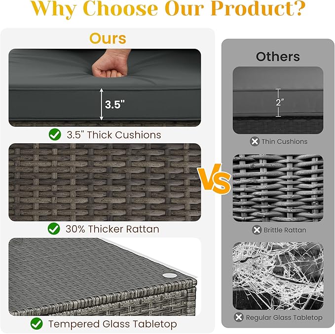 5 Piece Outdoor Patio Sectional Furniture Set, Weather Resistant Rattan Outside Couch, Waterproof Conversation Sofa for Balcony, Porch, Backyard, Deck, Garden, Grey