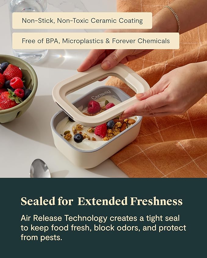 Caraway 2pc Glass Food Storage Set - 2.6 Cup Food Containers (2) - Non-Toxic Ceramic-Coated Glass - Air Release Technology - Compact & Stackable Design - Sage