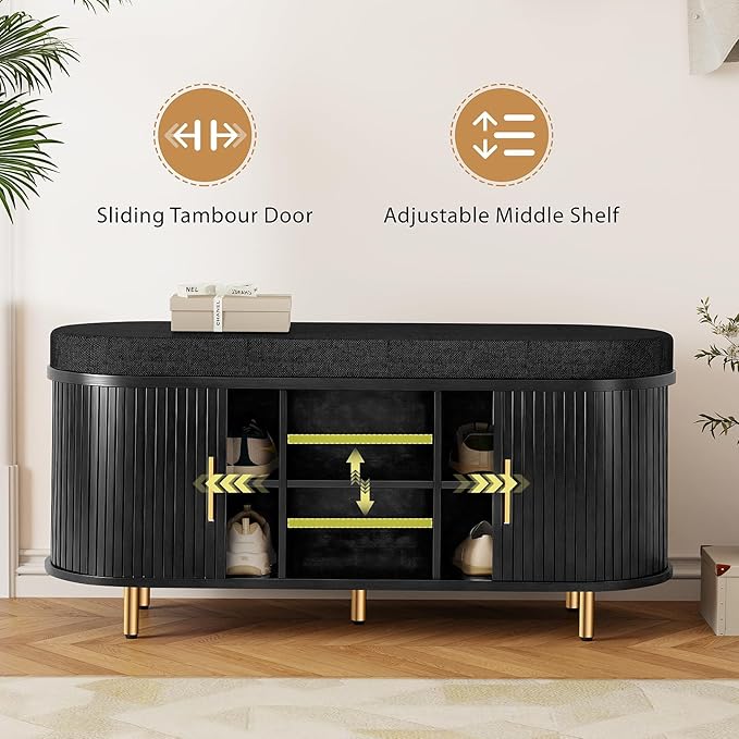 DHH Entryway Bench with Shoe Storage Fluted Shoe Storage Sliding Door and Adjustable Shelf with Cushion,2-Tier Shoe Rack Cabinet for Entryway, Bedroom, Living Room(Black)
