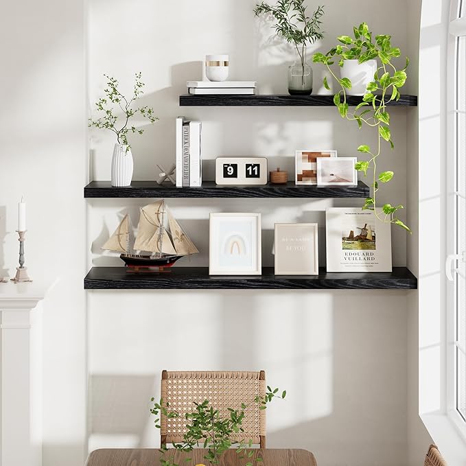 Fun Memories Floating Shelves for Wall, 48 x 9.3 Large Floating Shelf Wall Mounted Set of 2, Rustic Wood Shelves for Bathroom, Kitchen, Living, Heavy-Duty Storage Deep Shelf for Books, Decor, Black