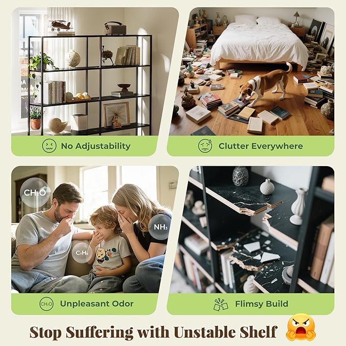 Huuger 5 Tier Bookshelf, Display Bookshelf with 10 Open Shelves and Raised Baffle, 47.2 Inch Straight Wide Bookcase with Metal Frame and Wooden Board, Adjustable Feet, Black