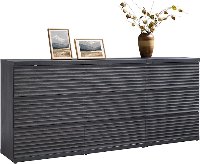 SICOTAS Sideboard Buffet Liquor Cabinet with Storage, Modern Fluted Credenza Coffee Bar Storage Cabinet with Larger Drawers, Mid Century Media Console for Kitchen Hallway, Dark Grey Alder (3 PCS)