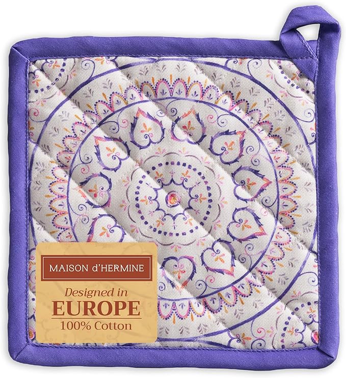 Maison d' Hermine Pot Holders 100% Cotton Heat Resistant Potholders 8" x 8" Hot Pads with Loop BBQ, Cooking, Baking, Grilling, Kitchen, Handling Hot Pans Spring/Summer (Pack of 1, Mandala)