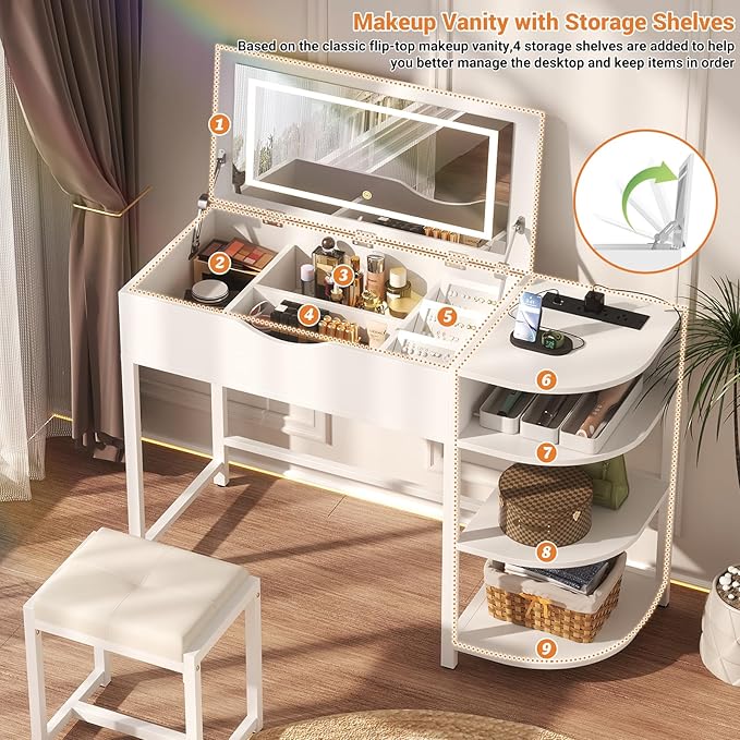Cyclysio Vanity Desk with Flip Top Mirror and Lights, Makeup Vanity Desk with Drawers, Dressing Table with Storage Shelves & Charging Station, Small Vanity for Small Spaces, White