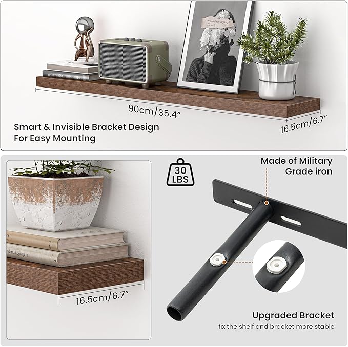 Heimlove 36 Inch Floating Shelves for Wall,Mounted Storage & Display Wood Shelves with Invisible Brackets,Hanging Shelf for Bedroom Living Room Kitchen Office,Set of 2,Rustic Brown