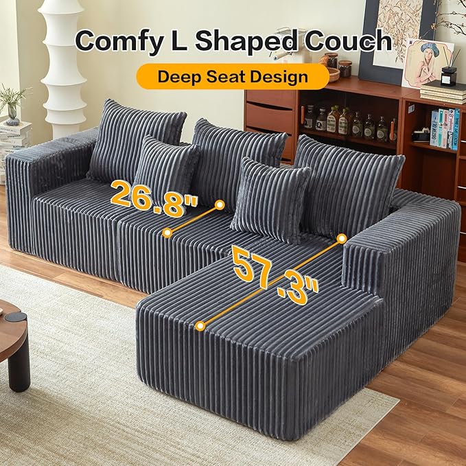 Boneless Couch, Memory Foam Couch in a Box, 100.7" Modular Sectional Couches Corduroy Fabric, Modern Sofa with Deep Seat, Compressed Sofa for Living Room, Bedroom (Grey, Right Facing Chaise)