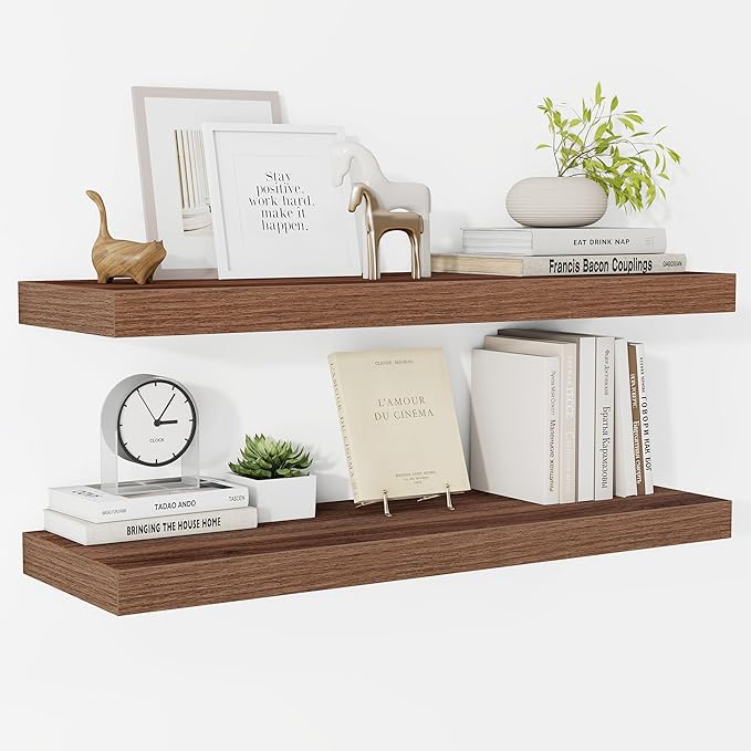 Fun Memories Floating Shelves 32 Inch Long, 9.3Inch Deep Floating Shelves for Wall, Extra Deeper & Thicker Wall Mounted Storage Shelf for Kitchen, Farmhouse, Walnut, 2 Pack