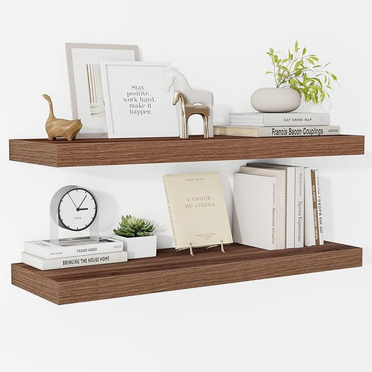 Fun Memories Floating Shelves 32 Inch Long, 9.3Inch Deep Floating Shelves for Wall, Extra Deeper & Thicker Wall Mounted Storage Shelf for Kitchen, Farmhouse, Walnut, 2 Pack