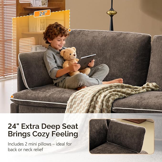 VINGLI 84" W Oversized Comfy Two Seat Love Seat, 37" Extra Deep Seat Piping Design Loveseat Couch with Two Pillows, Linen Fabric Modern Small Sofa for Small Living Room, Bedroom, Brown