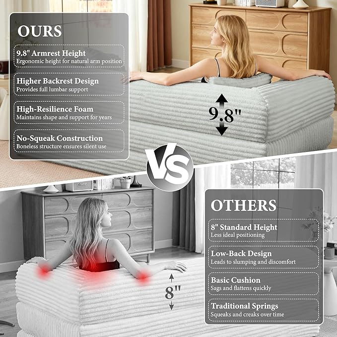 Boneless Couch Sofa Bed Sectional Couches for Living Room,Futon Cloud Couch with Sleeper Sofa,Sofas for Living Room Oversized Corduroy Upholstered (Light Grey)