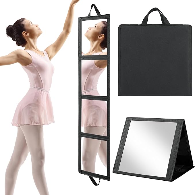 ROYALAY Foldable Full Length Mirror with Handle, 47 * 13in Four-fold Portable Mirror for Travel Makeup Dancing and Fitting Clothes, Black