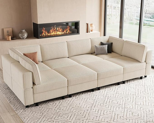 114.2" 8 Seat Modular Sectional Sofa with Deep Storage Seat, Comfy Corduroy Sectional Couch Convertible Modular Sleeper Sofa Couch with Movable Ottoman Chaise, Beige