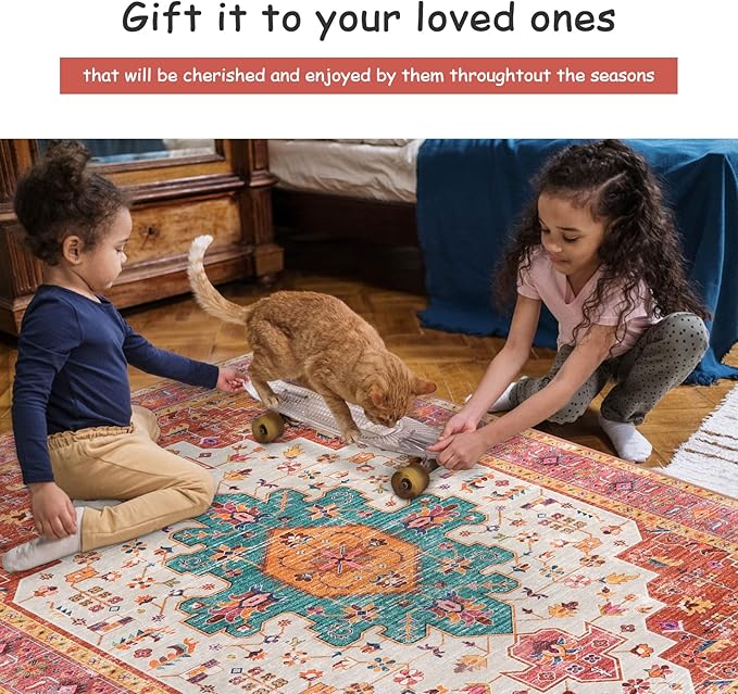 Moynesa Ultra-Thin Washable Pink Area Rug - 6x9 Large Boho for Girls Bedroom, Dining Room, Non-Shed Playroom, Office, Indoor Printed Boho Floor Carpet for Living Room Decor