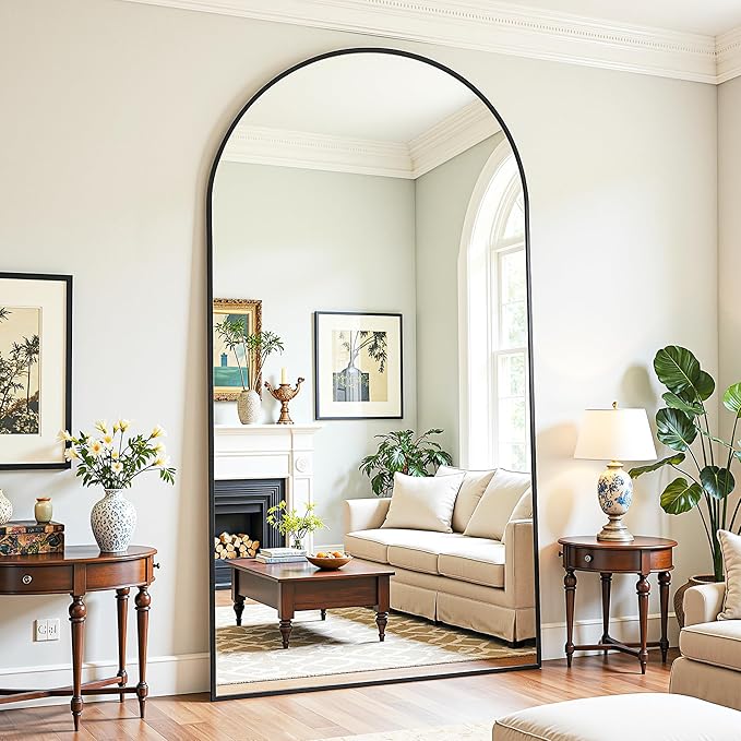Full Length Mirror, 81"x41" Oversized Floor Mirror Freestanding, Full Body Mirror Floor Standing Mirrors with Stand, Hanging Mounted Mirrors for Bedroom Living Room, Black, Arched Style