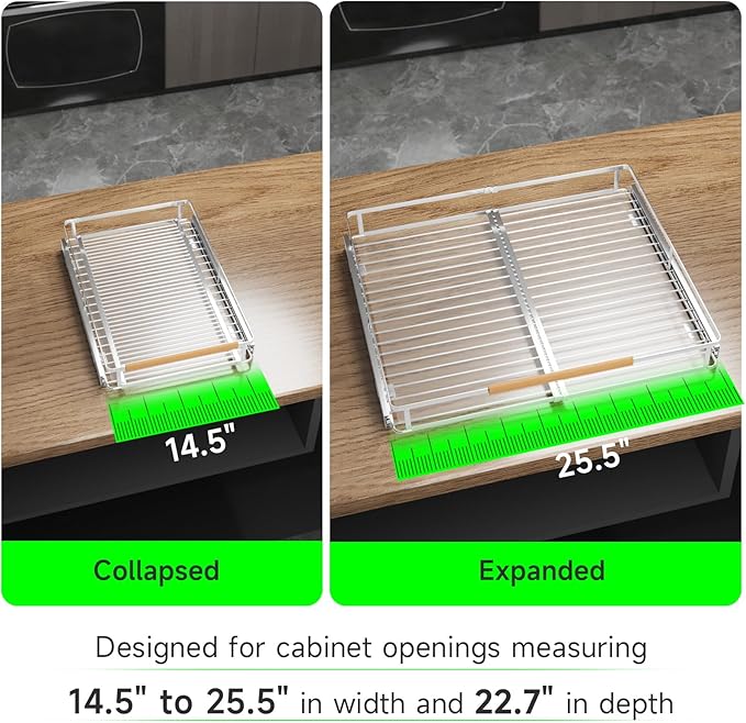 Expandable Pull Out Drawers for Cabinets, Kitchen Cabinet Slide Out Shelves, Adjustable Roll Out Drawers, Stainless Steel, Large 1 Pack, (14.5"-25.5") Cabinet Width x 22.7" Depth