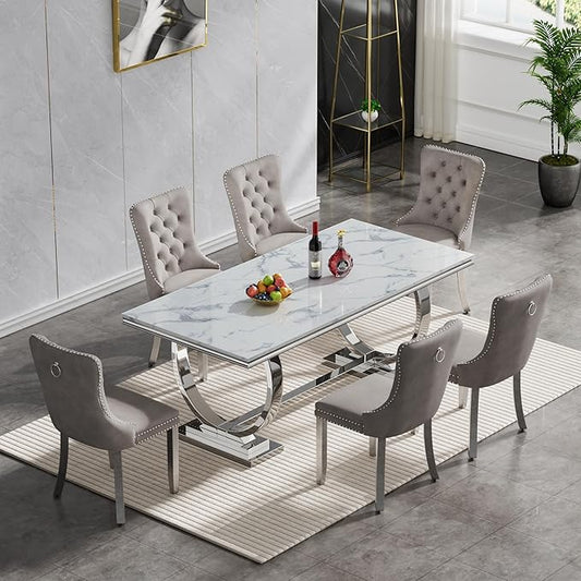 Goujxcy 7 Piece Marble Dining Table Set for 6, Luxury 70" White Marble Silver Kitchen Table with 6 Grey Velvet Upholstered Chairs, Modern 6 Person Dining Room Table Set for Kicken Dining Office Room