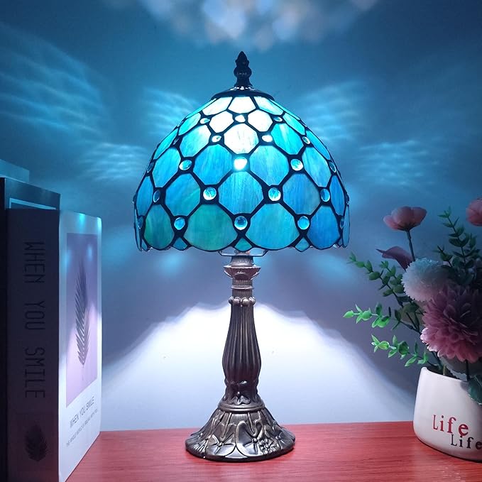 Small Tiffany Table Lamp 8 Inch Blue Pearls Style Tiffany Style Stained Glass Antique Light Bedroom Bedside Lamp Retro Reading Light