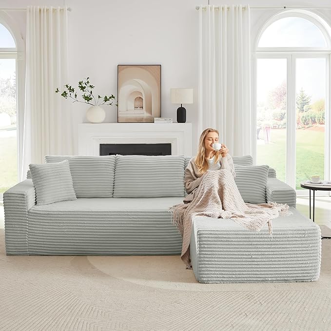 Modular Cloud Sectional Couch with L-Shape Chaise,Modern Upholstered Couches with Deep Seat,Corduroy Sponge Compressed Sofa for Living Room, Bedroom,No Assembly Required(Light Gray)