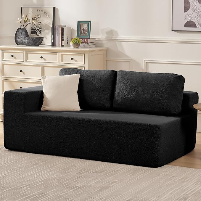 67" Loveseat Sofa, Cloud Modular Couch, Upholstered Floor Sofa with Deep Seat, Upholstered Foam Sofa for Bedroom Living Room, No Assembly Required (Black, Teddy Boucle)