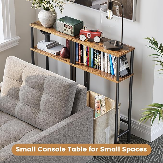 Narrow Console Table, 15.7" Small Entryway Table, 2-Tier Sofa Table with Storage, Skinny Console Tables for Entryway, Hallway, Bedroom, Living Room, Foyer, Rustic Brown