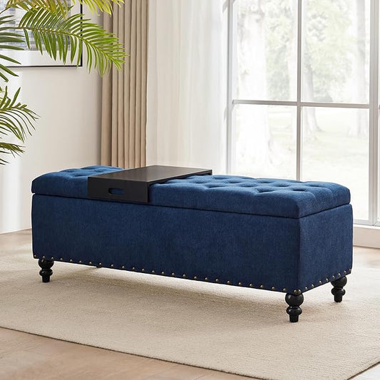 HUIMO 51-inch Storage Ottoman Bench with Removable Tray, Bedroom Bench with Button-Tufted, Safety Hinge Ottoman in Upholstered Fabrics, Large Long Bench for Living Room, Bedroom (Bule)