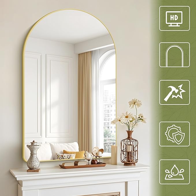 Arched Bathroom Mirror, 30"x48" Gold Arched Mirror for Bathroom, Wall Mounted Mirror, Gold Vanity Wall Mirror w/Metal Frame for Bedroom, Entryway, Living Room, Vertically Hanging