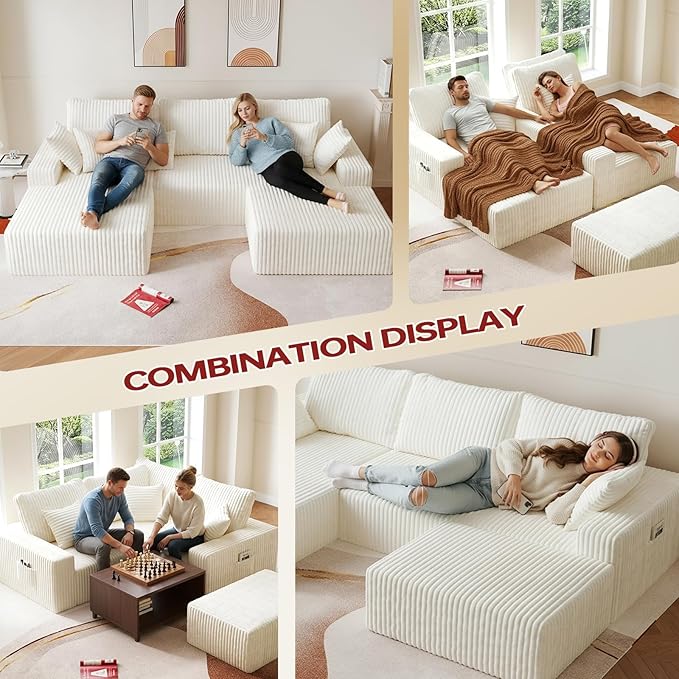 108" U Shaped Sectional Couch with Ottoman, Corduroy Modular Sectional Sofa with Deep Seat, Modern Modular L-Shape Sofa Couch with Chaise,Upholstered Boneless Couches for Living Room Bedroom