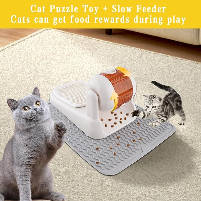 Cat Puzzle Feeder,Adjustable Difficulty Interactive Cat Food Treat Dispenser,Slow Feeder Dog Bowl Stimulate Brain Training Pet Treat Puzzle Toys with Anti-Slip Mat for Dog Small Animals (White)