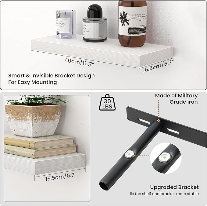 Heimlove Floating Shelves for Wall,16 inchs Shelf for Small Bathroom,Mounted Storage & Display Shelves for Bedroom,Living Room,Kitchen,Office,Set of 2,White