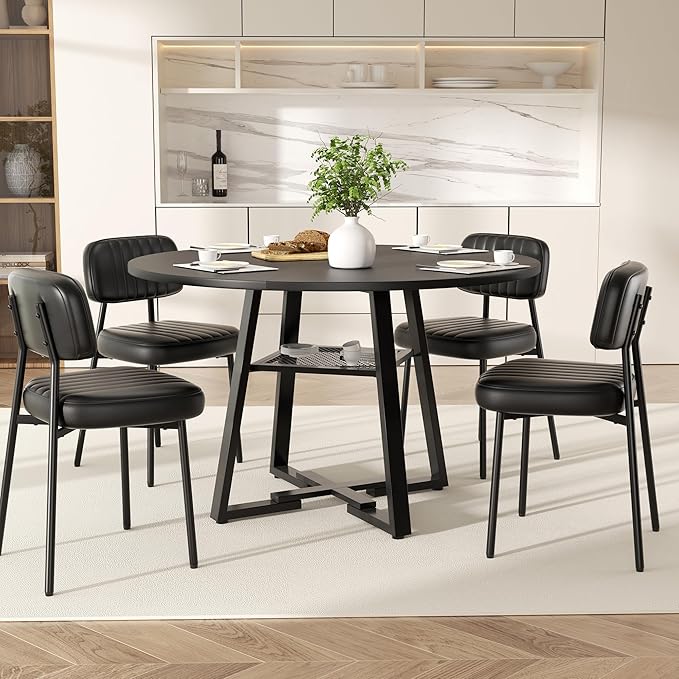 Round Dining Table for 4-6 People,47 Inch Dining Room Table,Modern Circle Kitchen Table with Storage Shelf and Metal Legs for Dining Room,Kitchen,Black (Table Only)