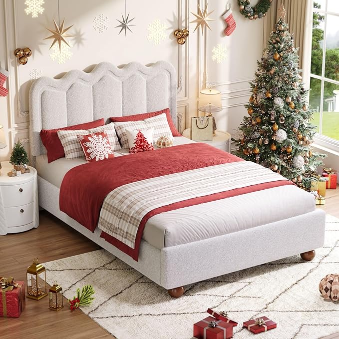 Full Size Bed Frame with Headboard, Boucle Bed Frame, Soft Upholstered Platform Cloud Bedframe with Footboard, Solid Wood Legs, Solid Wooden Slats Support, No Box Spring Required, Easy Assembly, Grey