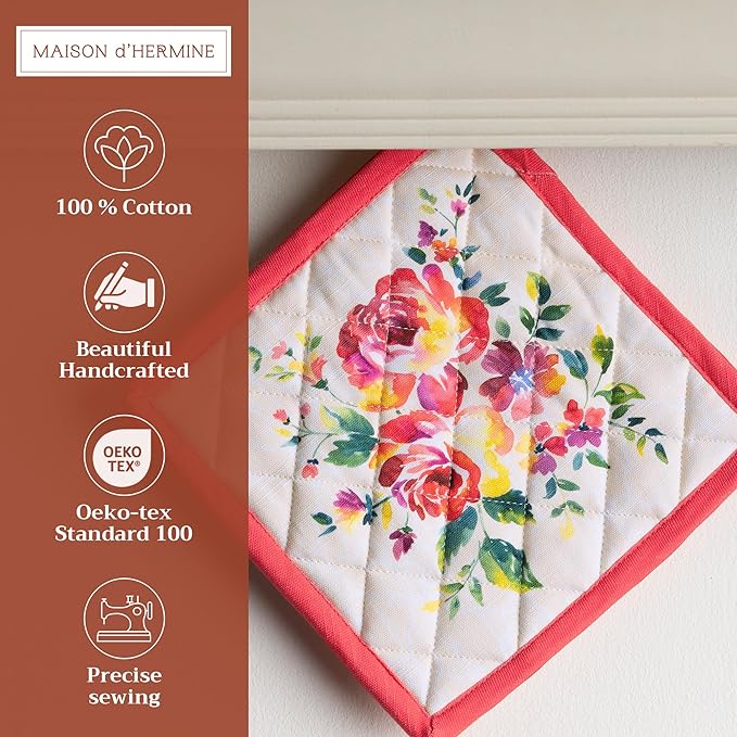 Maison d' Hermine Pot Holders 100% Cotton Heat Resistant Potholders 8" x 8" Hot Pads with Loop BBQ, Cooking, Baking, Grilling, Kitchen, Handling Hot Pans Spring/Summer (Pack of 1, Rose Garden)