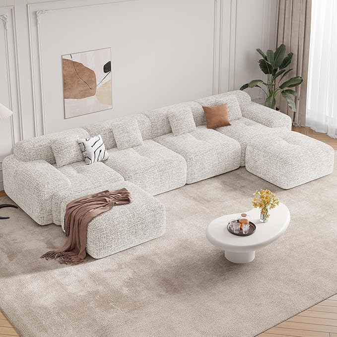 158" Modern U Shaped Modular Sectional Sofa, Boneless Couches for Living Room with Ottoman,6 Seater Convertible Chenille Cloud Couch Sofa Set, No Assembly Required, Beige 1 PCS
