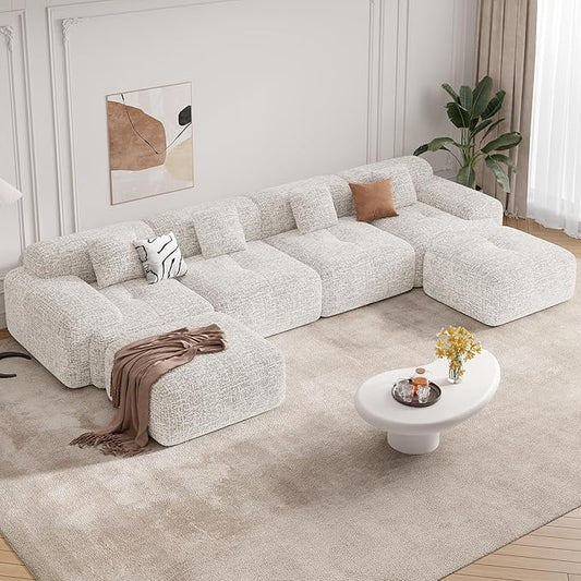 158" Modern U Shaped Modular Sectional Sofa, Boneless Couches for Living Room with Ottoman,6 Seater Convertible Chenille Cloud Couch Sofa Set, No Assembly Required, Beige 1 PCS