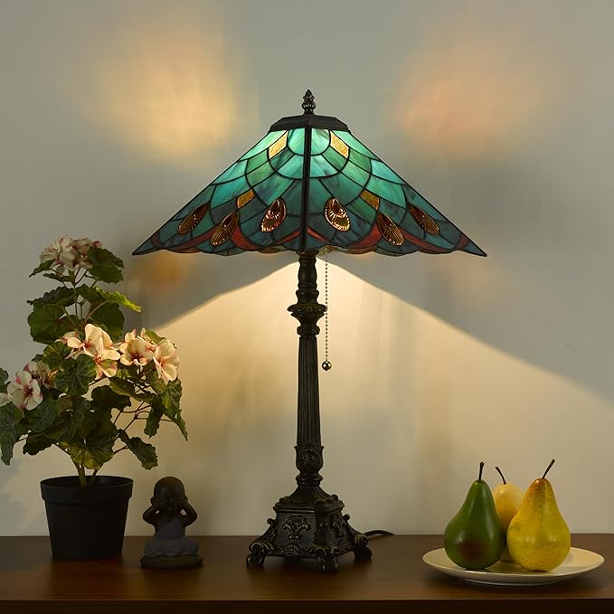 Tiffany Table Lamps Sky Blue Stained Glass Crystal Style Mission Desk Lamp 12X12X24 Inch Bronze Resin Base