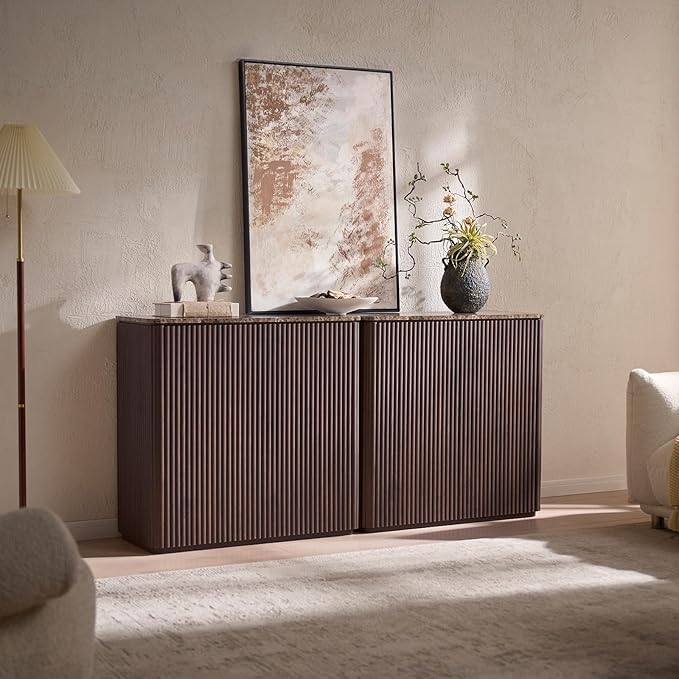 Fluted 2 Doors Sideboard Cabinet with Storage-Wooden Credenza w/Shelves, Faux Marble-Top Coffee Bar Console Table, Modern Buffet Cabinet for Dining, Kitchen, Living Room, Entryway, Dark Oak, 2pcs