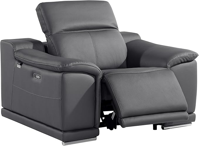 Blackjack Furniture Venice Top Grain Italian Leather Power Recliner Chair with Adjustable Headrest Modern Luxury Seating for Living Room Lounge, Dark Grey