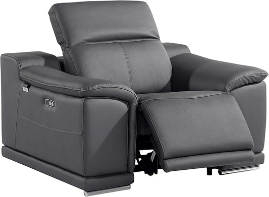 Blackjack Furniture Venice Top Grain Italian Leather Power Recliner Chair with Adjustable Headrest Modern Luxury Seating for Living Room Lounge, Dark Grey