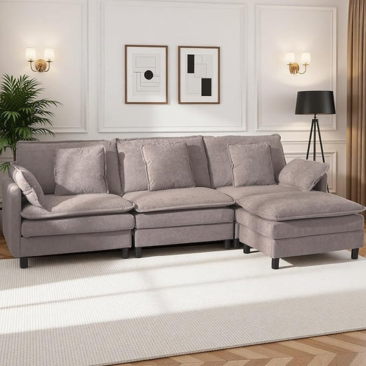 Claiks 110" Modular Sectional Sofa, Cloud Couch with Ottoman, L-Shaped 4-Seater Sofa in Chenille Fabric, Deep Seat Comfy Couch with Pillows for Living Room & Offices, Light Gray