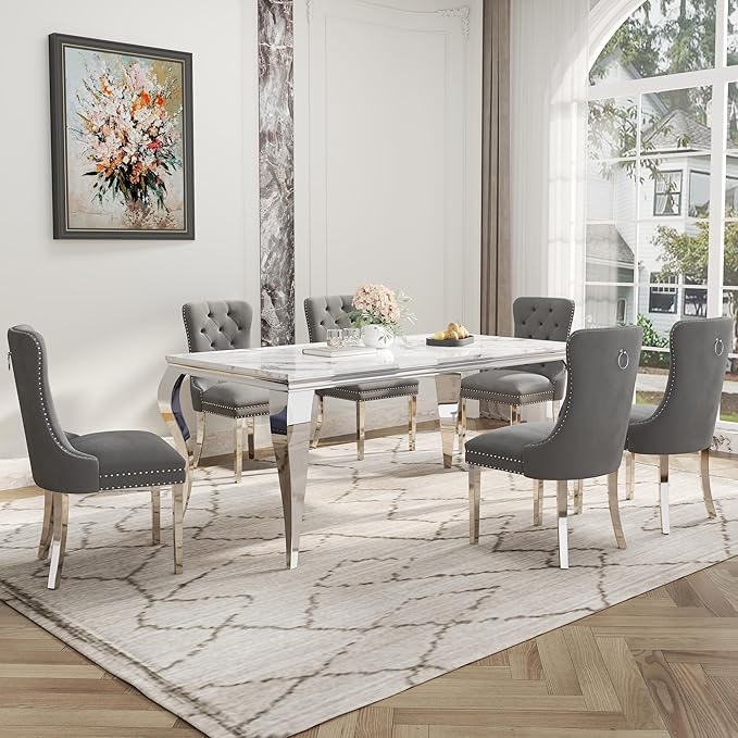7-Piece Dining Table Set for 6, Faux Marble Dining Table Set with 70'' Marble Dinner Table and 6 Velvet Wing Back Chairs for Kitchen, Dining Room, Gray & Silver