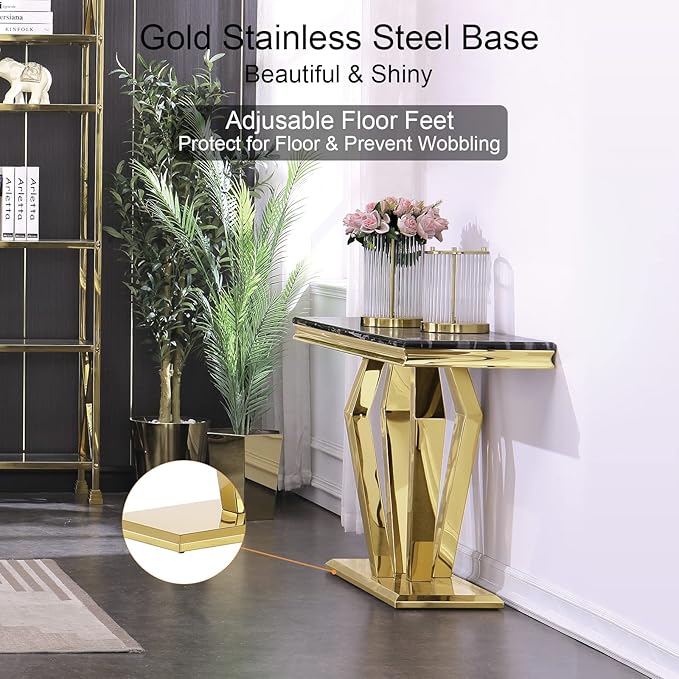 Asday Modern Console Sofa Table for Entryway, Black and Gold Console Table Narrow Long Hallway Tables for Living Room Office