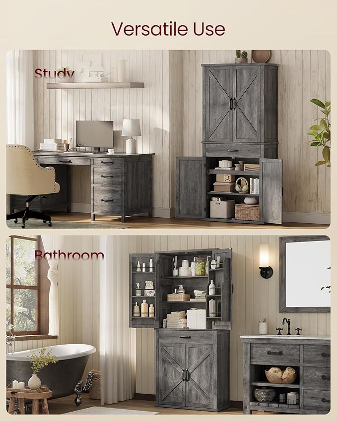 VASAGLE LIRY Collection - Pantry Cabinet, 70.3-Inch Tall Farmhouse Kitchen Storage Cabinet with Barn Doors, Drawer, Tray, Adjustable Shelves, for Kitchen, Dining Room, Misty Gray UBBK364G01