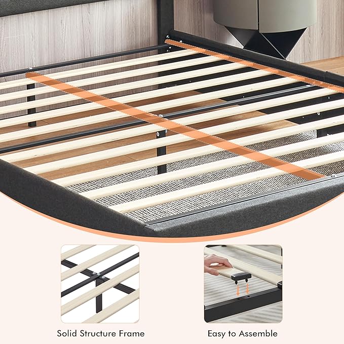 VECELO Full Size Bed Frame with 4 Drawers, Adjustable Tufted Button Headboard, Upholstered Platform with Wood Slats Support, Built-in USB and Type C Ports, Dark Gray